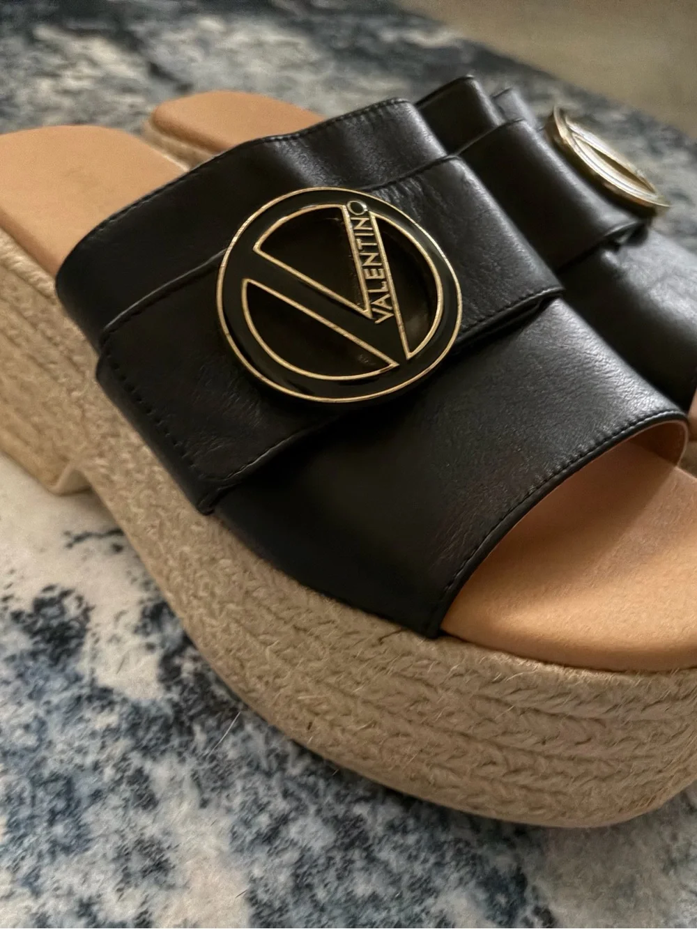 Mario Valentino Black Leather Platform Espadrille Slide with Gold Emblem